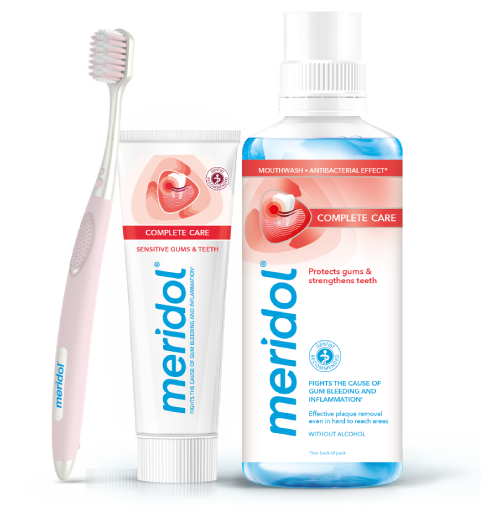 meridol Complete Care termékek - fogkrém, fogkefe és szájvíz